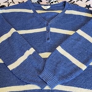 Oversize Fit V Neck Striped Knit Button Down Sweater